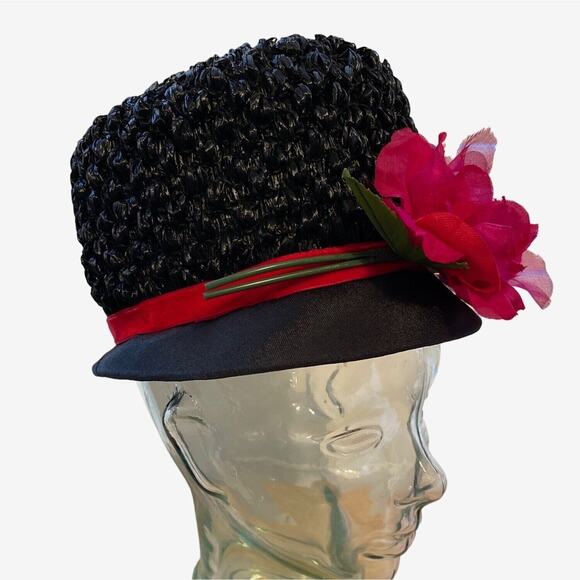 Floral Hat Cloche Black Red Band Woven Raffia Vintage 60s MidMod MCM - Picture 2 of 8